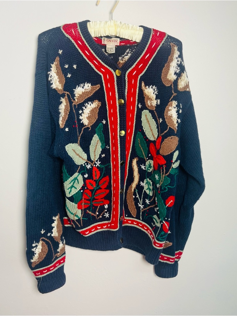 Orvis Navy Floral Embroidered Button Cardigan Sweater vintage
